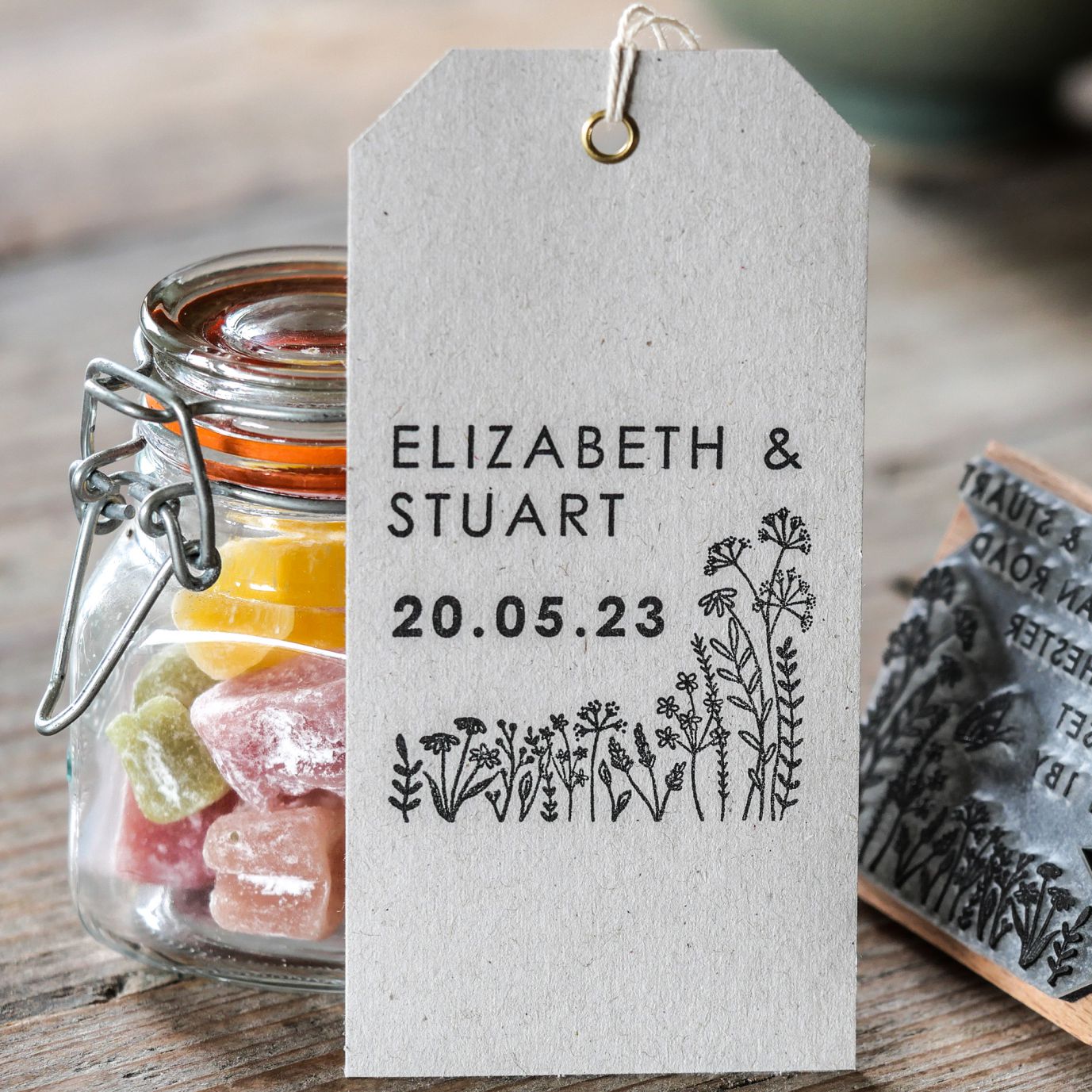 Garden wedding favour stamp with sweet jar and tag