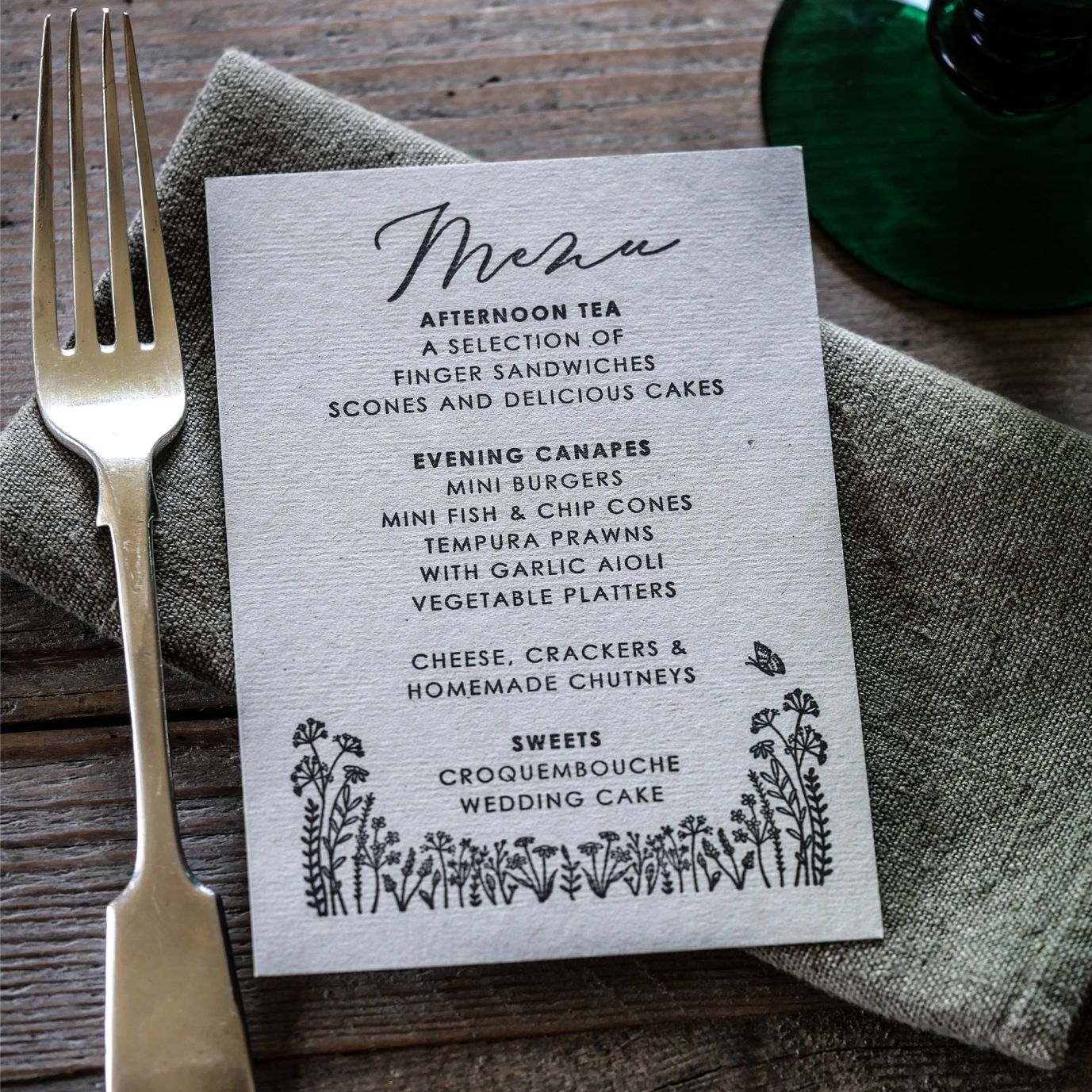 Garden wedding menu with place setting